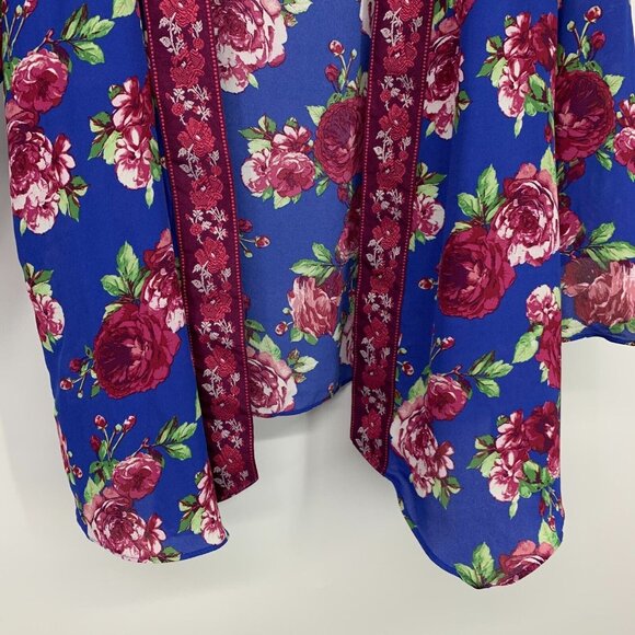 Pioneer Kimono Blue Floral Print Embroidered Open Front - Picture 4 of 10